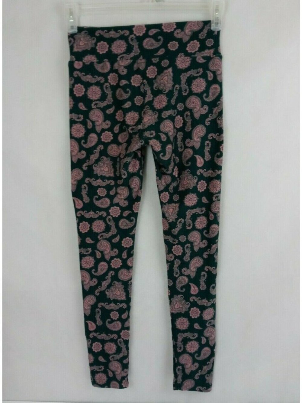 Lularoe One Size Leggings Green With Pink Floral Paisley Design